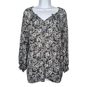 Cabi Floral Bianca Peasant Blouse Lined Long Sleeve Split V-Neck Flowy Women M